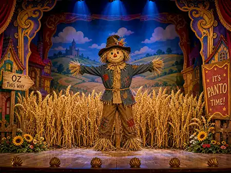 It's Panto Time!  The scene is a theatrical stage with scenery for a pantomime.  In the centre is a scarecrow, surrounded by a field of wheat.