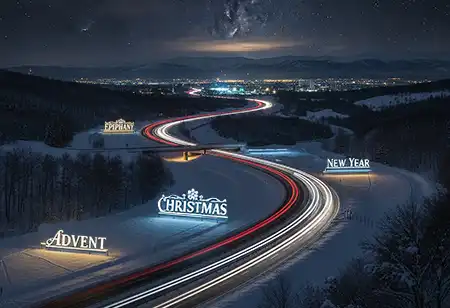 A busy motorway snakes towards a distant town through a cold. snowy, starlit landscape.   Either side of the road there are illuminated signs for Advent. Christmas, New Year and Epiphany.