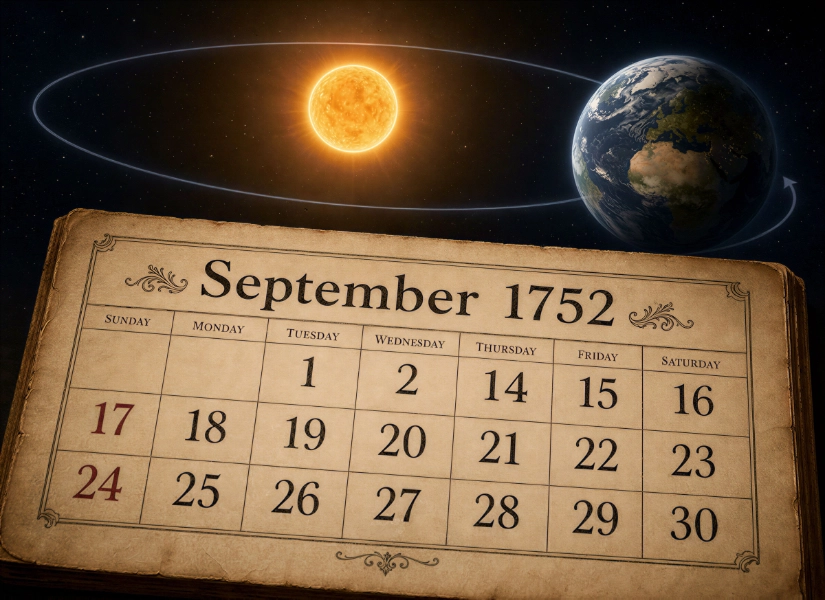 This image is to illustrate the change from the Julian to Gregorian Calendar in1752.  The image shows teh page of a calendar, but dated 1, 2, then 14, 15 September.  In the background the Earth orbits the Sun.